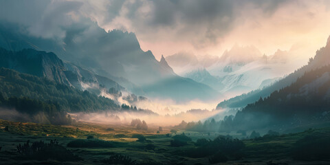 The first light of day seeps through the haze and illuminates a peaceful valley surrounded by sharp mountains - obrazy, fototapety, plakaty