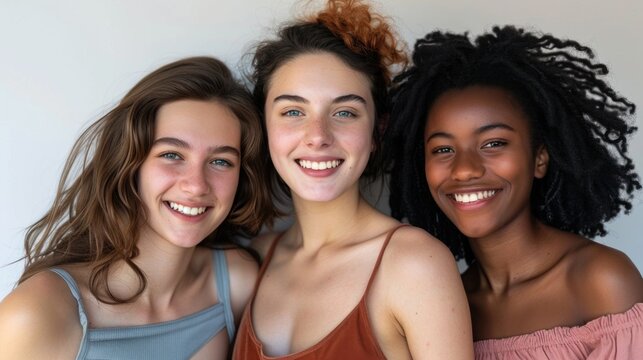Three young women with different hair colors and styles smiling and posing closely together exuding a sense of camaraderie and joy.