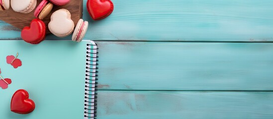 A close-up view of a notebook with a heart-shaped cookie alongside a croissant on a turquoise retro background for Valentines Day - Powered by Adobe