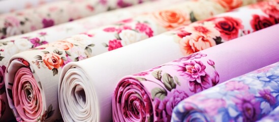 A close up of a bunch of rolled up fabric with flowers, showcasing a roll of fabric rose floral summer style print cotton used in the clothing industry - obrazy, fototapety, plakaty