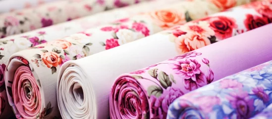 Fotobehang A close up of a bunch of rolled up fabric with flowers, showcasing a roll of fabric rose floral summer style print cotton used in the clothing industry © vxnaghiyev