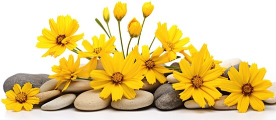Yellow coreopsis flowers, also known as tickseed, arranged with smooth stones on a clean white background for a serene and minimalist composition