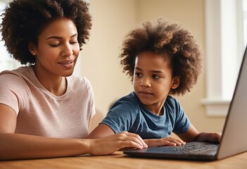 A mother and child focusing on a laptop together, likely involved in educational activities or family entertainment.
