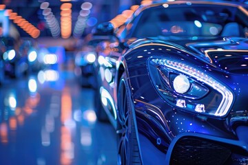 Cars are on display in a lavish showroom that has lighting. Generative Ai - obrazy, fototapety, plakaty