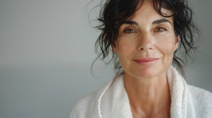 A woman with a radiant smile wearing a white robe her hair styled in loose waves exuding a sense of warmth and elegance.