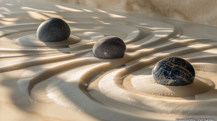 Zen Stones on Rippled Sand under Warm Light