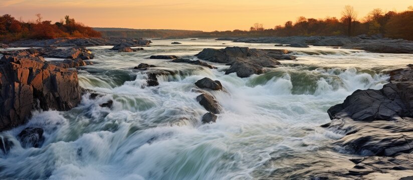 Scenic view of a fast-flowing river with turbulent rapids and various rocks visible in the foreground at sunset in Great Falls Park, Virginia