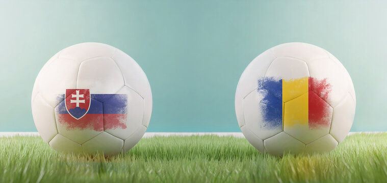 Slovakia vs Romania football match infographic template for Euro 2024 matchday scoreline announcement. Two soccer balls with country flags placed against each other on the green grass with copy space
