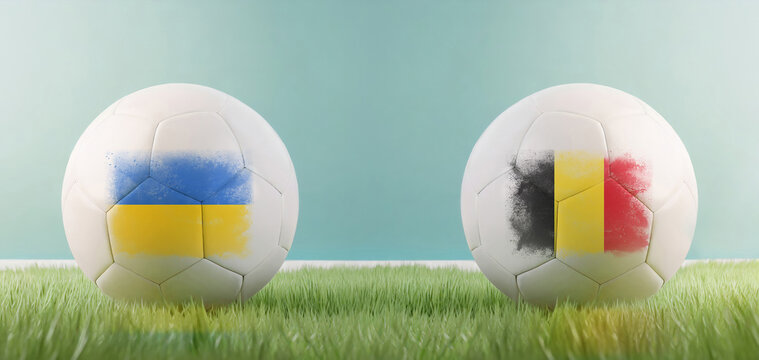 Ukraine vs Belgium football match infographic template for Euro 2024 matchday scoreline announcement. Two soccer balls with country flags placed against each other on the green grass with copy space