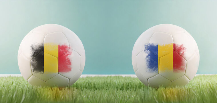 Belgium vs Romania football match infographic template for Euro 2024 matchday scoreline announcement. Two soccer balls with country flags placed against each other on the green grass with copy space