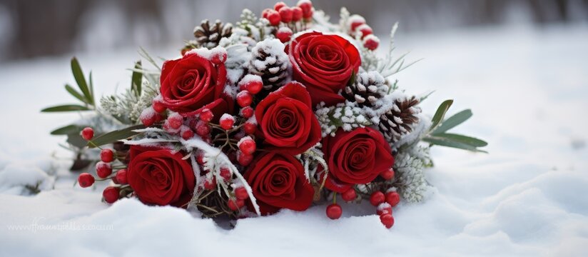 Red roses and berries arranged in a beautiful bouquet are resting on the snowy ground, creating a winter scene