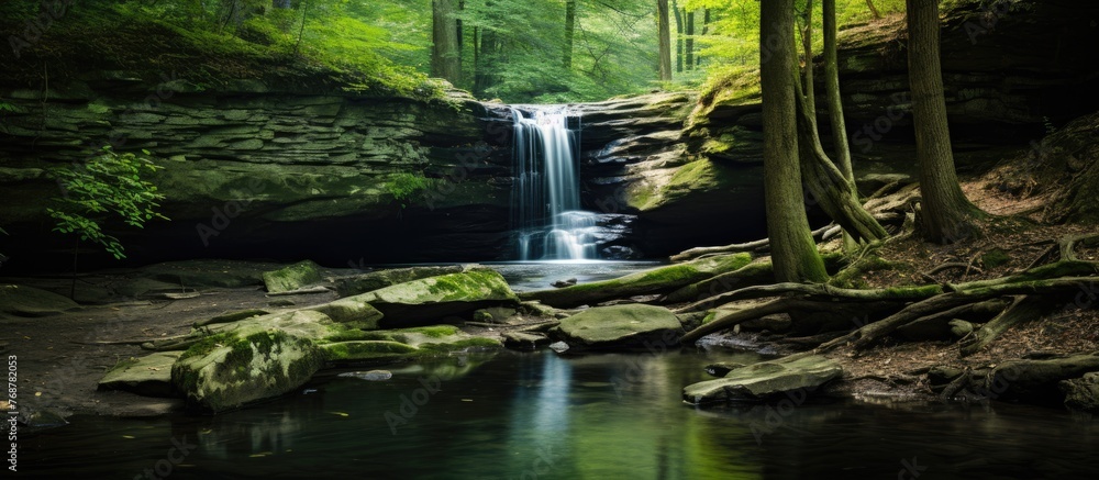 Aufkleber water rushing down a rocky waterfall surrounded by lush green trees in a serene forest setting