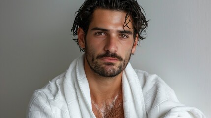 A man with a beard and mustache wearing a white robe looking directly at the camera with a serious expression.