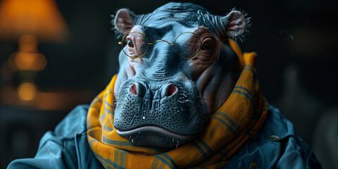 Stylish Sophisticated Hippo Dressed in Fall Fashion Glasses and Scarf Banner - obrazy, fototapety, plakaty