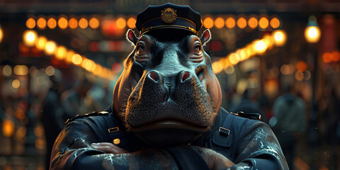 Intrepid Night Guardian: The Stoic Hippopotamus Officer - Fantasy Banner - obrazy, fototapety, plakaty