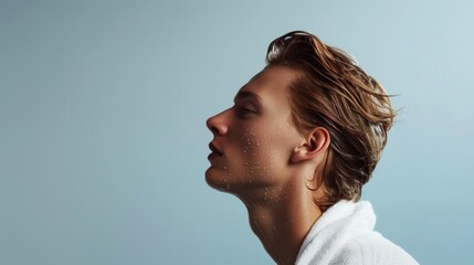 A young man with wet hair and a towel around his neck looking up with a thoughtful expression against a light blue background. - obrazy, fototapety, plakaty