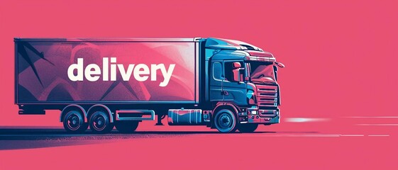 delivery truck isolated on a red background with the text "delivery",  highlighting efficiency and reliability in logistics. 