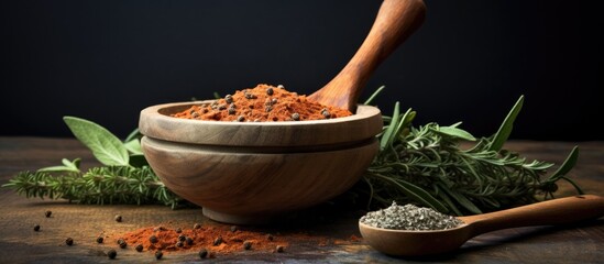 A close up of a wooden bowl displaying an assortment of flavorful spices and aromatic herbs, complemented by a wooden mortar with a small spoon for grinding pepper