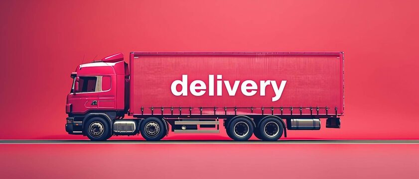 delivery truck isolated on a red background with the text "delivery",  highlighting efficiency and reliability in logistics. 