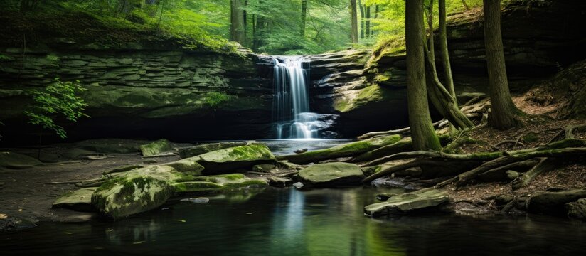 Water rushing down a rocky waterfall surrounded by lush green trees in a serene forest setting - Powered by Adobe