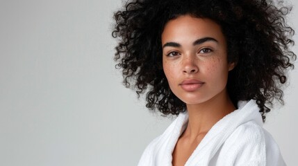 A woman with curly hair and freckles wearing a white robe looking directly at the camera with a gentle expression.