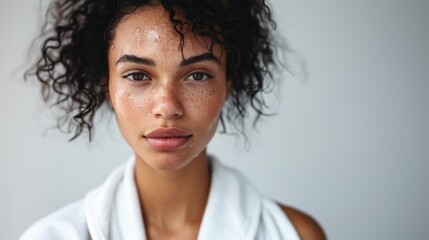 A close-up of a woman with a glowing complexion freckles and curly hair wearing a white garment with a soft blurred background. - obrazy, fototapety, plakaty