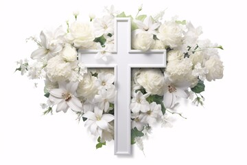 a white cross surrounded by white flowers