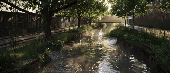 Fototapeta na wymiar Serene canal flanked by lush greenery in an urban oasis at dawn.