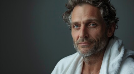 Obraz premium A man with graying hair and a beard wearing a white towel looking directly at the camera with a slight smile.