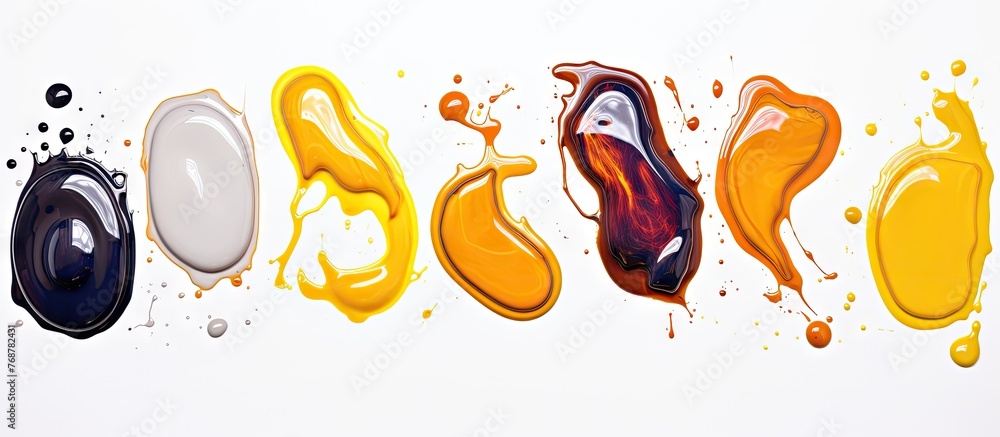 Poster A close-up view of a computer mouse placed next to a row of colorful paint tubes, accompanied by various oil paint spills isolated on a white surface from a top view
