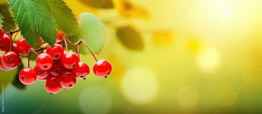Poster close-up view of a cluster of vibrant red berries growing on a tree with a backdrop of fresh yellow 