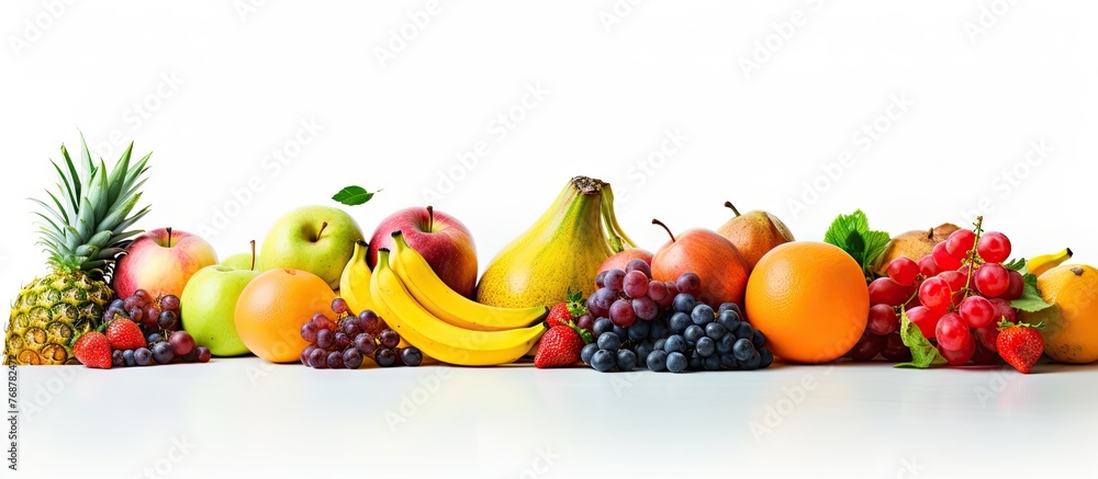 Fototapete Assorted selection of various fruits and vegetables neatly arranged side by side in a row on a surface
