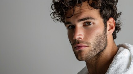 Fototapeta premium A man with curly hair and a beard gazing off to the side wearing a white towel draped over his shoulder.
