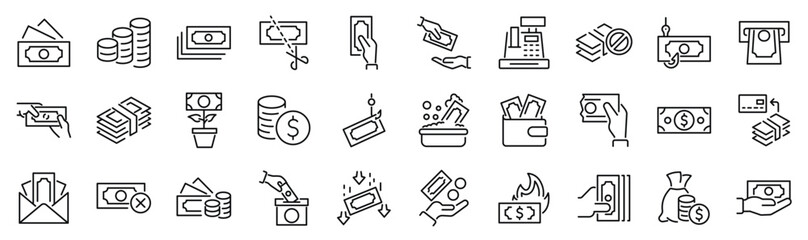 Set of 30 outline icons related to cash. Linear icon collection. Editable stroke. Vector illustration