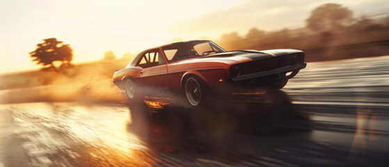 A classic muscle car speeds down a rural road at sunset, stirring a cloud of dust.