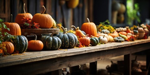 Festive Pumpkin and Gourd Table Display Generative AI - Powered by Adobe