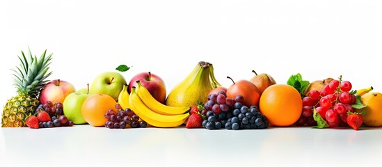 Assorted selection of various fruits and vegetables neatly arranged side by side in a row on a surface