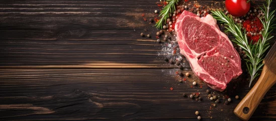 Foto auf Acrylglas A close-up view of a raw ribeye steak with various seasonings displayed on a dark wooden background © vxnaghiyev