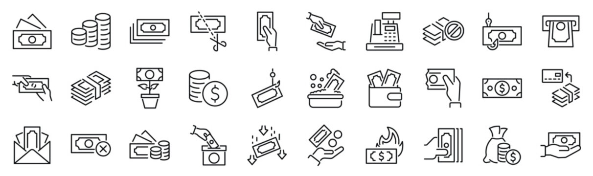 Set of 30 outline icons related to cash. Linear icon collection. Editable stroke. Vector illustration