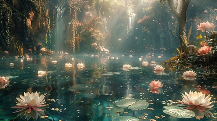 Enchanted Lotus Pond with Water Lilies and Magical Light