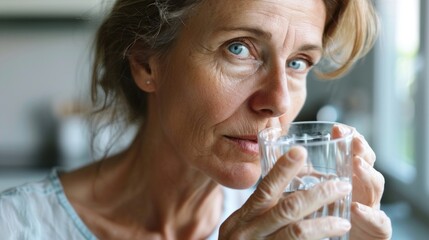 Woman with blue eyes drinking water from glass.