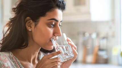 A woman with dark hair wearing a light-colored top drinking water from a clear glass in a kitchen setting.