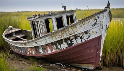 Among the reeds, a dilapidated fishing boat leans to one side, its peeling paint revealing layers of history beneath.
