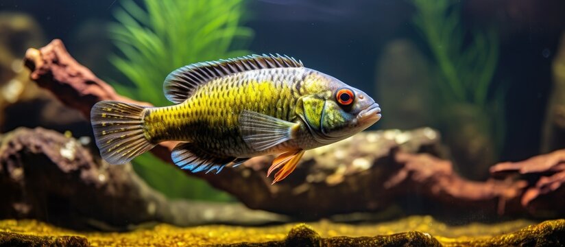 A Tropheus moorii Kasakalawe fish with vibrant colors gracefully swims in a glass tank in an aquatic environment