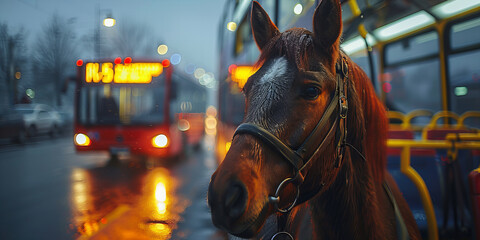 Enigmatic Horse Gazes at Urban Twilight Transit - A Surreal Banner Scene - obrazy, fototapety, plakaty