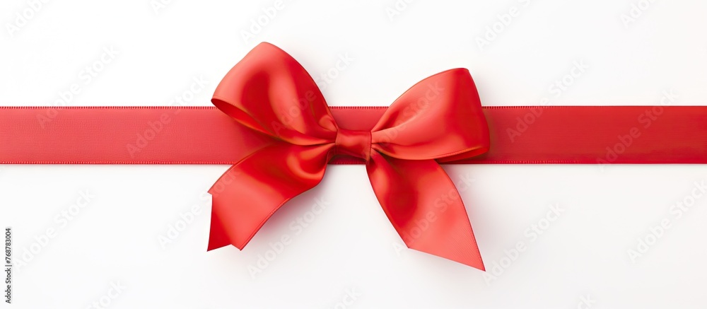 Poster a detailed view showing a vivid crimson ribbon with an elegantly tied bow isolated on a crisp white 