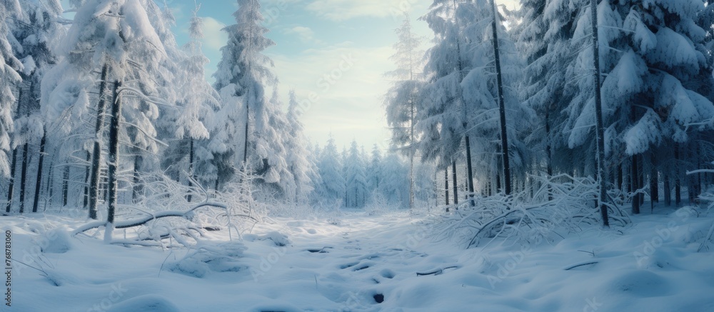 Poster winter scene in a forest with a snow-covered trail winding through tall trees and a ground blanketed