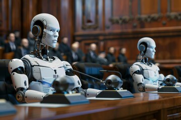 Robot Judges in Courtroom - obrazy, fototapety, plakaty