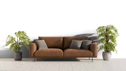a brown couch with pillows and a plant - obrazy, fototapety, plakaty