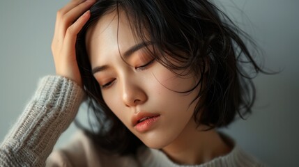 Fototapeta premium A young woman with closed eyes resting her hand on her forehead wearing a cozy sweater with soft wavy hair and a gentle expression.